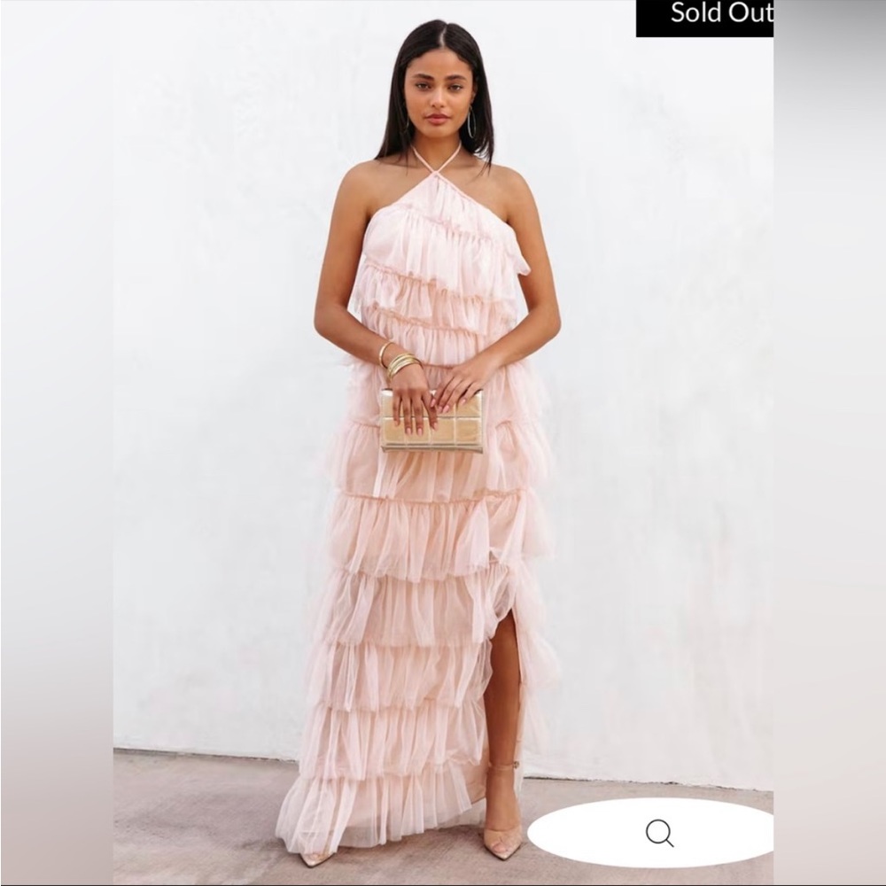 Pandora tulle tiered halter maxi dress in blush